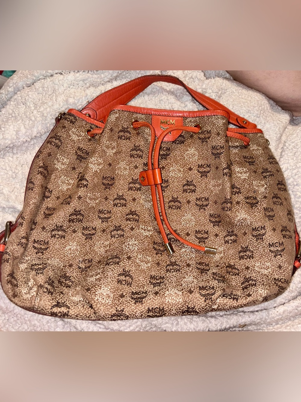 MCM Brown Monogram Drawstring Hobo with Orange Trim